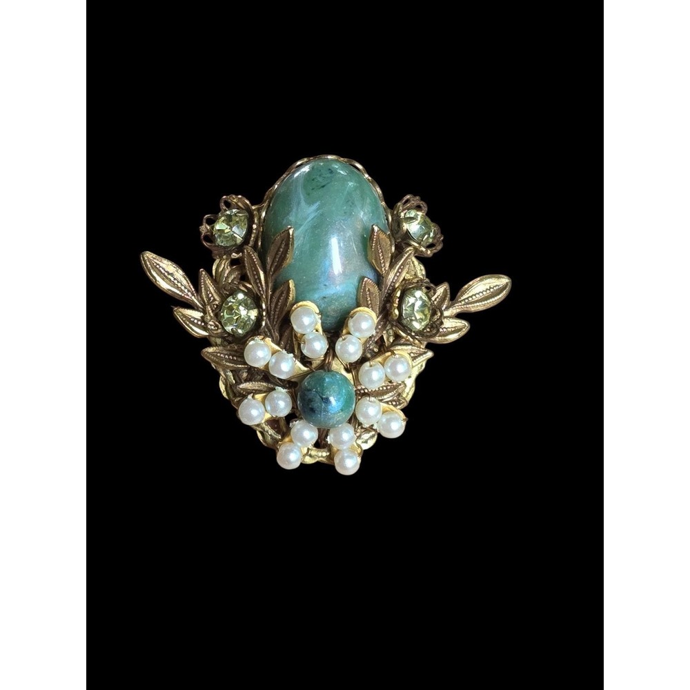 Hagler Mark Mercy Designs Blue Lucite Stone Pearls Brooch M&M Designs FLA